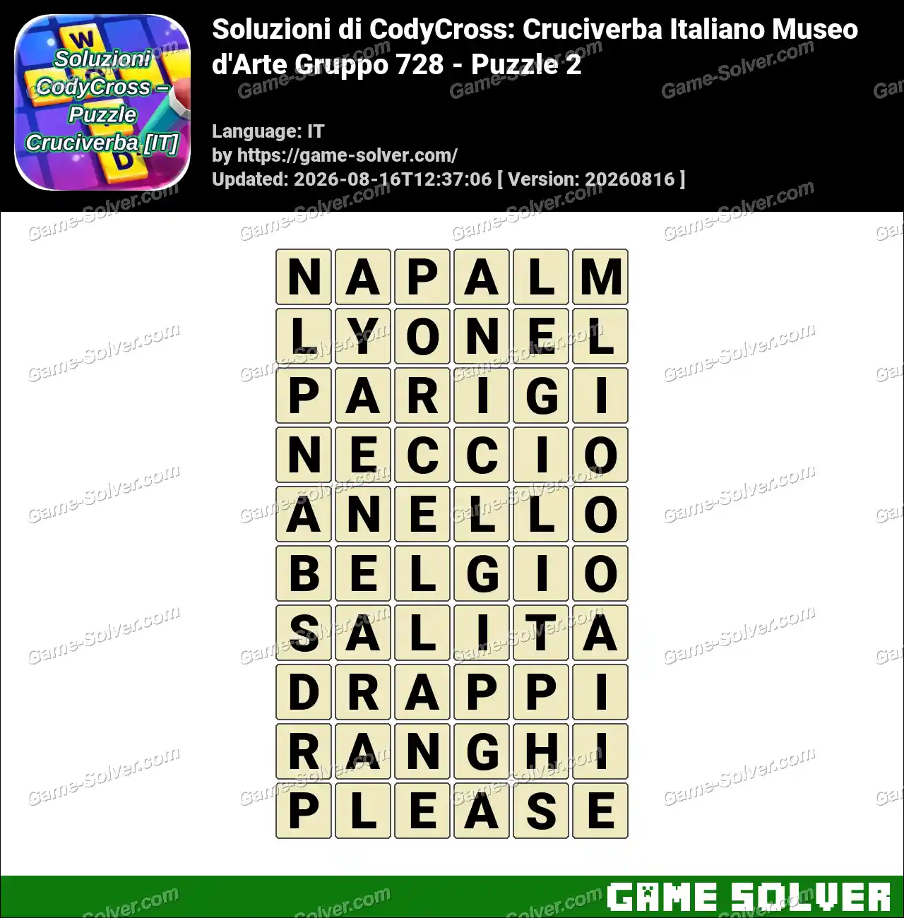 Soluzioni di CodyCross: Cruciverba Italiano Museo d’Arte Gruppo 728 – Puzzle 2